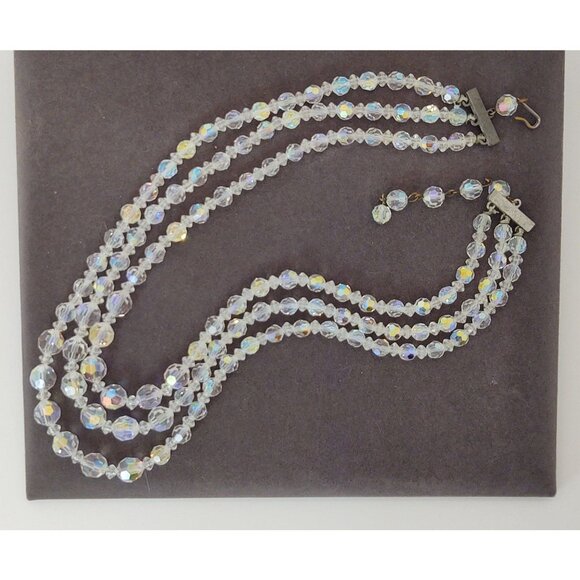 Crystal Aurora Borealis Beaded Triple Strand Necklace W/ Hook Closure, Vintage - Picture 6 of 7
